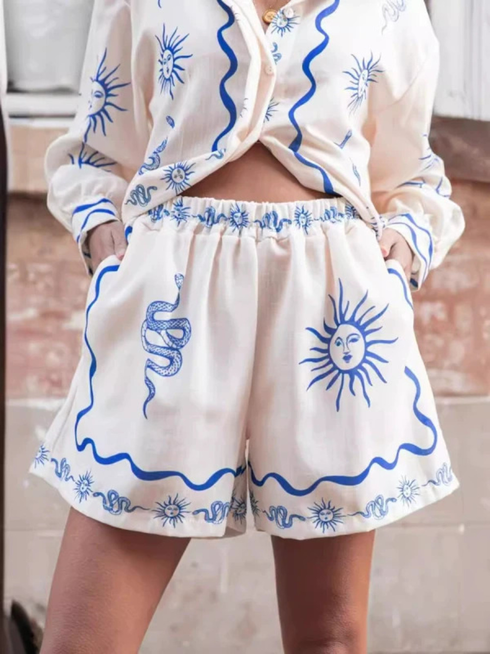 ZARA Fashion Printed Linen Casual Versatile Shirt Cardigan Shorts Set